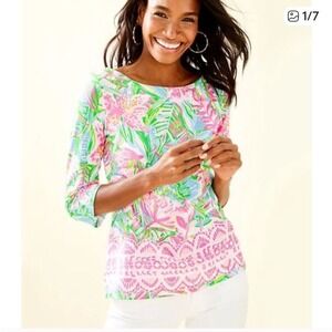 Lilly Pulitzer Waverly Top Multi Tropical Floral Pink Blue Green XS NWT